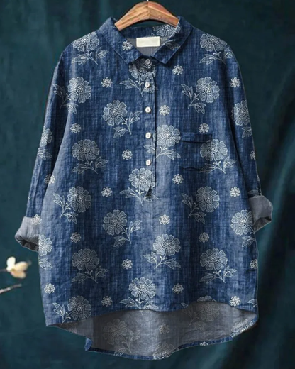 Damen Bluse Floral-Muster Knöpfe
