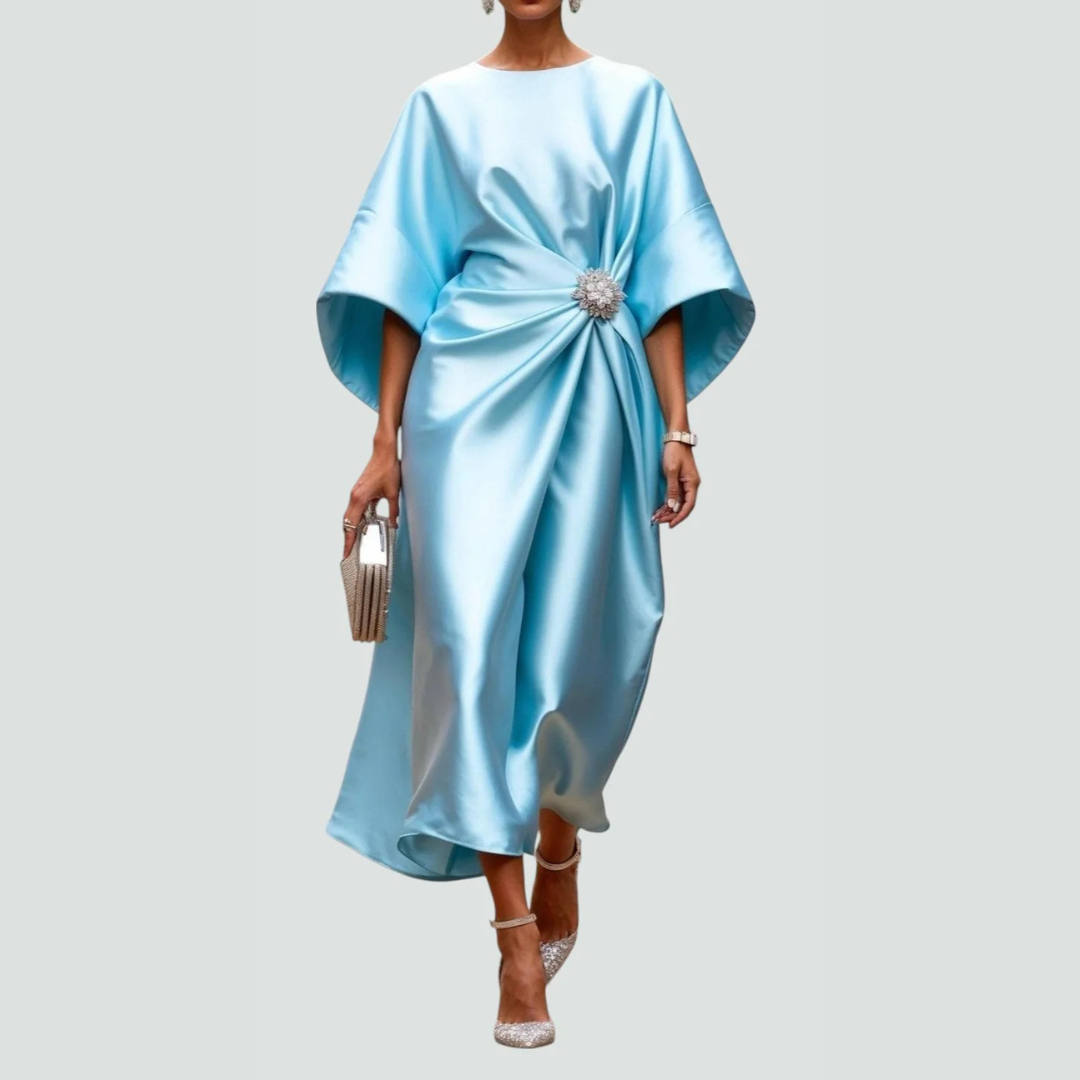 Damen Fledermausärmel Midi Kleid Drapiert