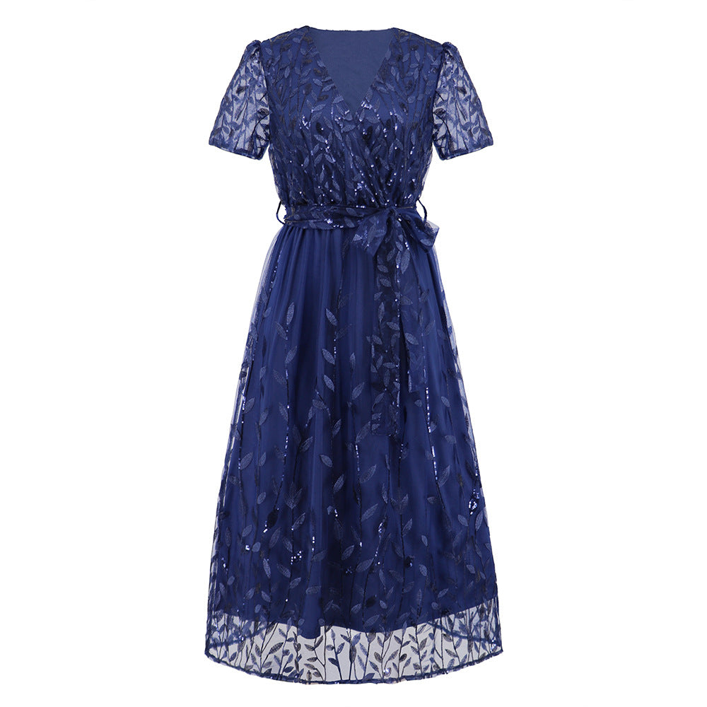 Norvielle Damen Midi Kleid V-Ausschnitt Kurzärmelig mit Gürtel