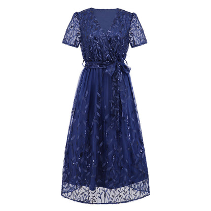 Norvielle Damen Midi Kleid V-Ausschnitt Kurzärmelig mit Gürtel