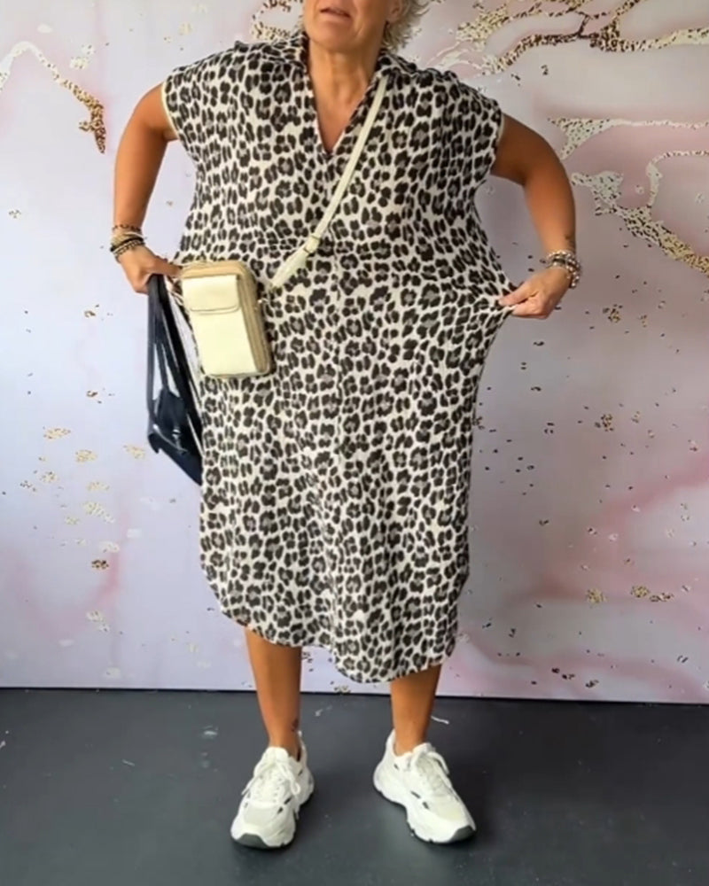 Damen Kleid V-Ausschnitt Leopardenmuster