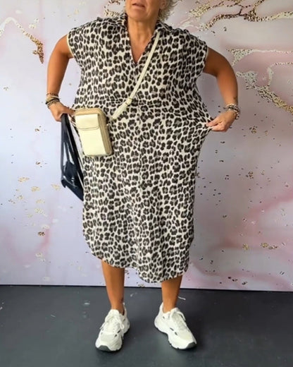 Damen Kleid V-Ausschnitt Leopardenmuster