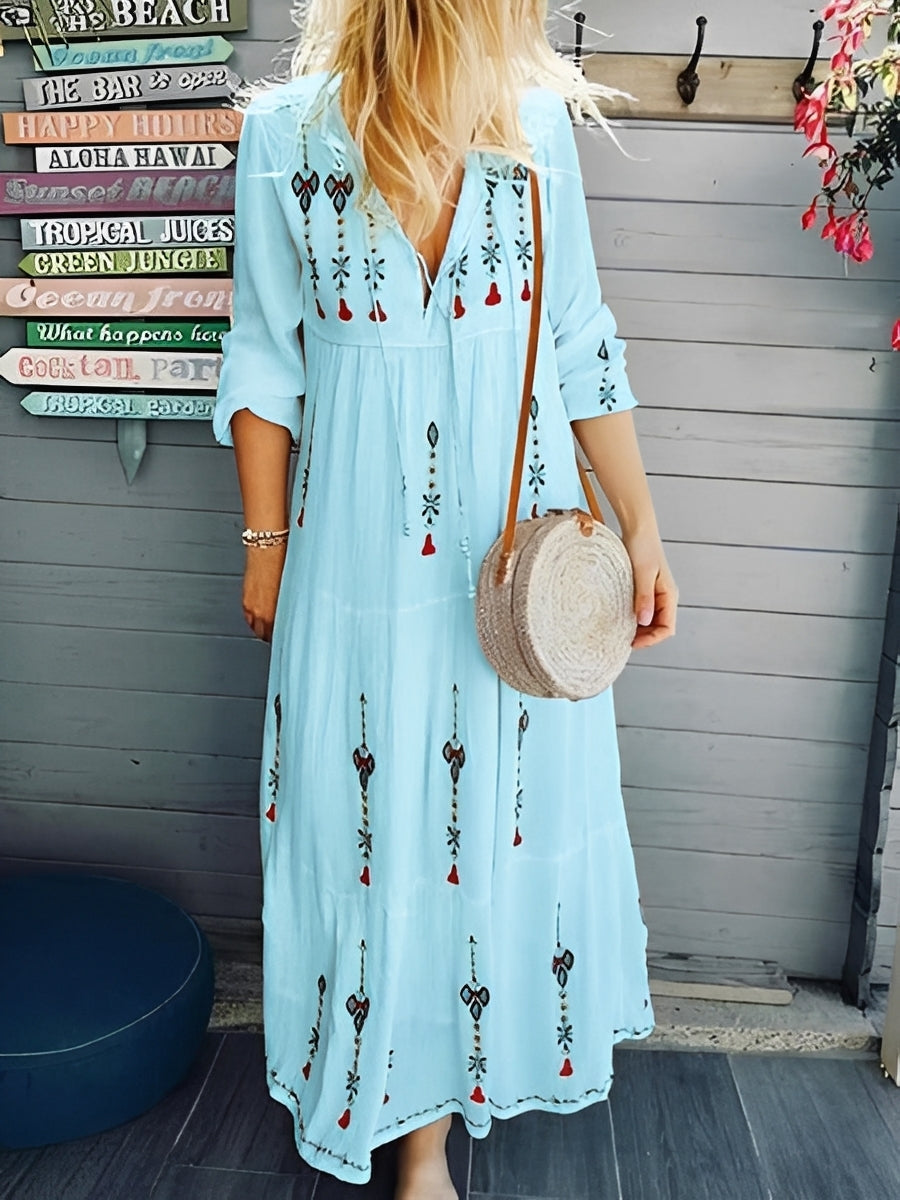 Damen Boho-Kleid V-Ausschnitt Blumenmuster Jeans