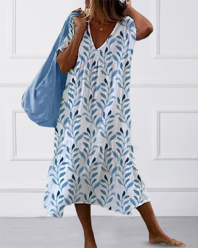 Damen Sommerkleid V-Ausschnitt Blätterdruck