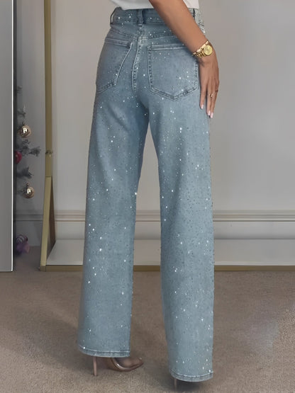 Damen High-Waist Jeans Glitzerdetails Darkblue