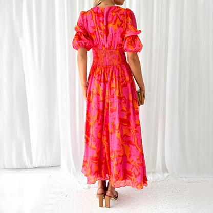Damen Maxikleid V-Ausschnitt Puffärmel Elegantes Langkleid