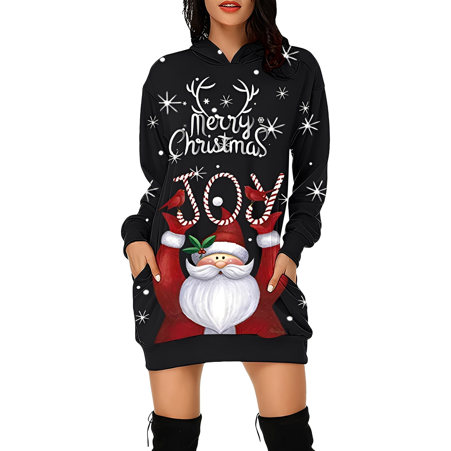 Damen Weihnachtskleid Kapuze Print
