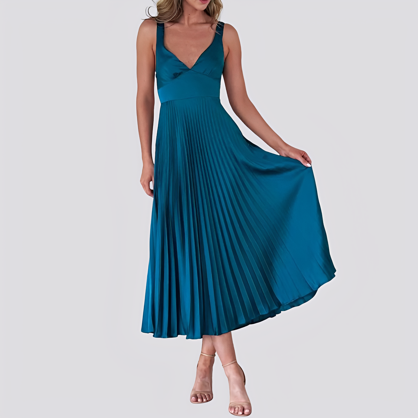 Damen Maxikleid Plissee V-Ausschnitt Elegantes