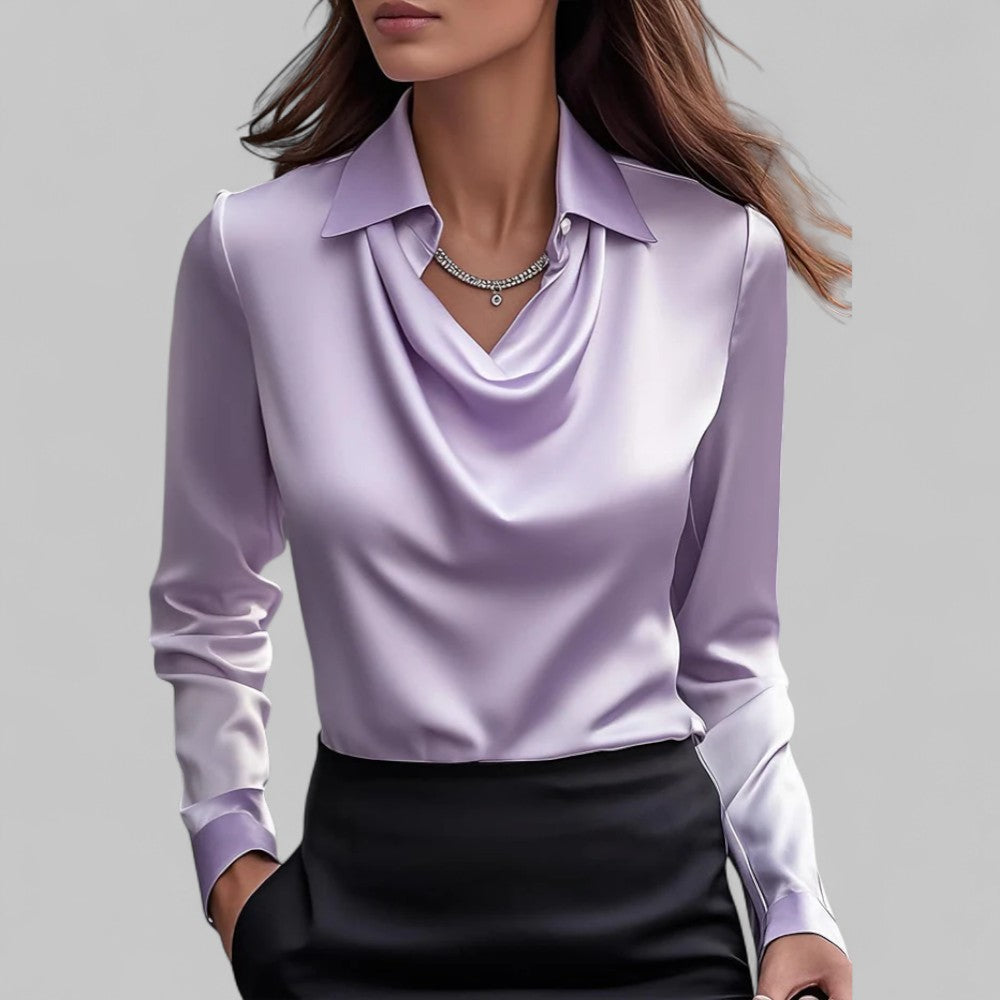 Damen Satinbluse Wasserfallausschnitt Elegant Beige