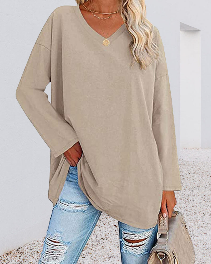 Norvielle Damen Langarm T-Shirt V-Ausschnitt Einfarbig