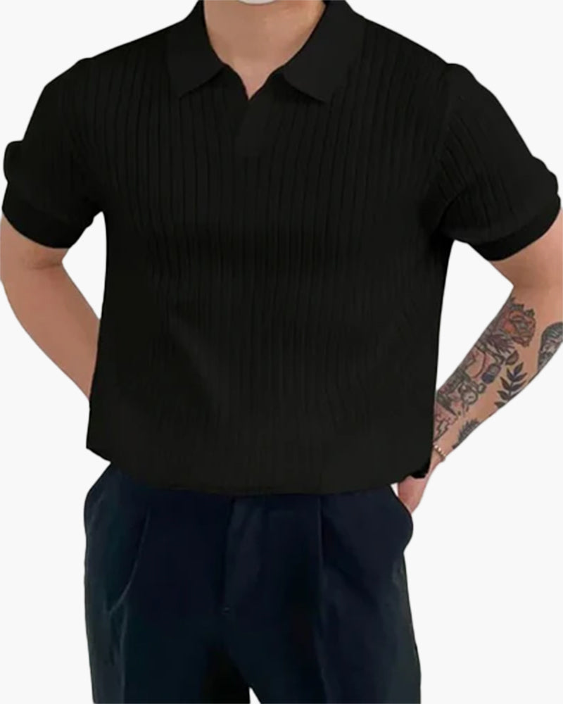 Herren Rippenstrick Poloshirt V-Ausschnitt