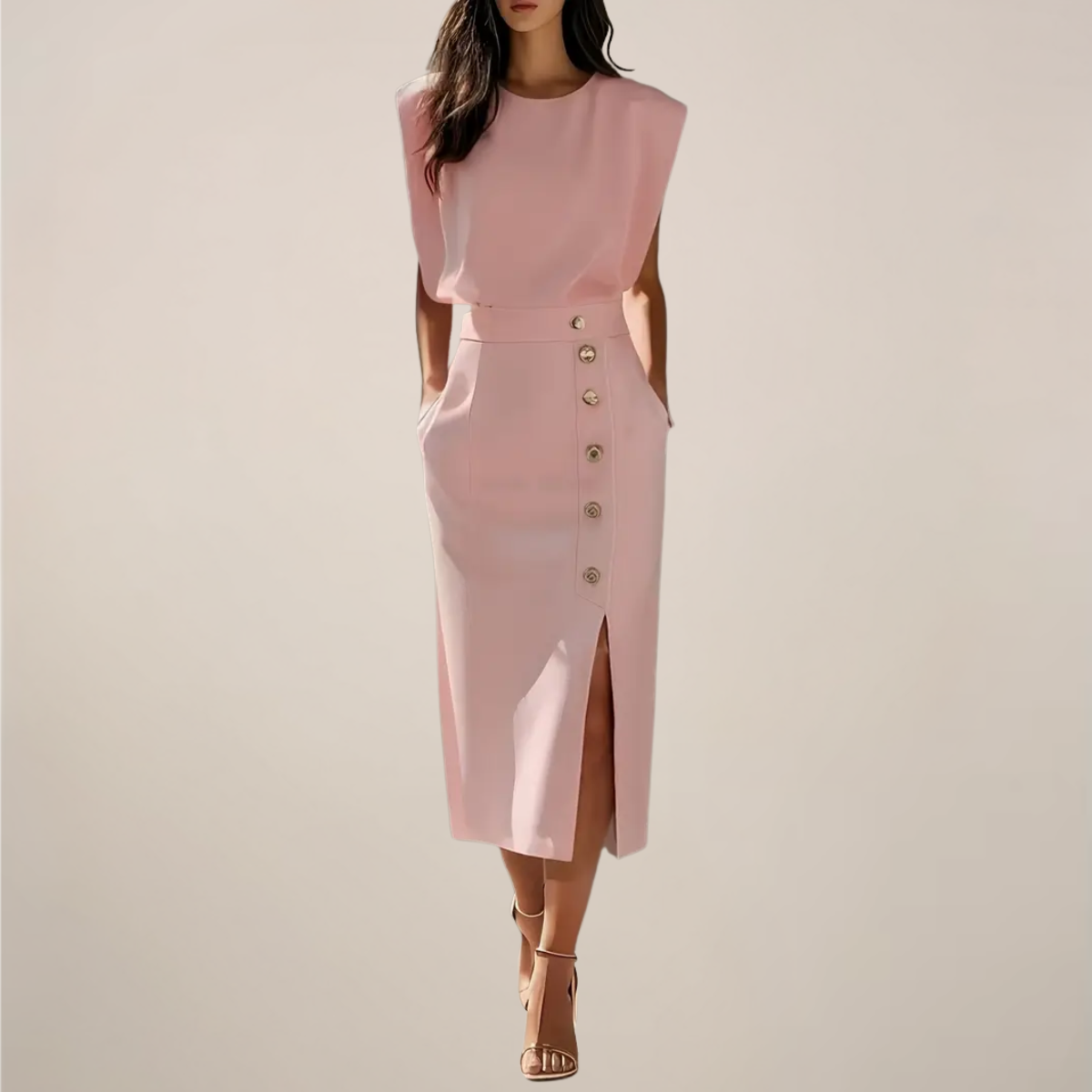 Damen Ärmelloses Midi-Kleid Sommerkleid Knopfleiste