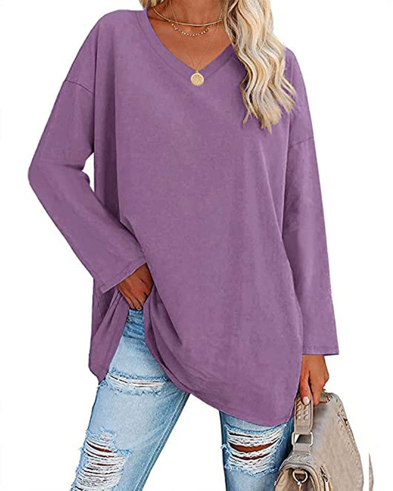 Norvielle Damen Langarm T-Shirt V-Ausschnitt Einfarbig