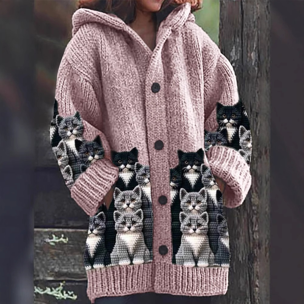 Strickjacke Damen Mit Kapuze Katzenmotiv