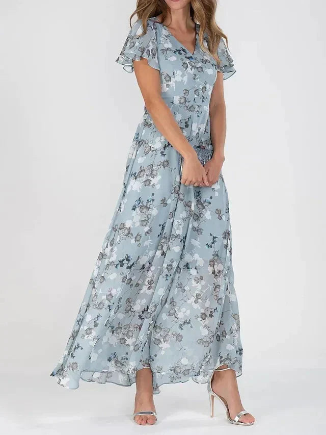 Damen Maxikleid Blumenprint Rosa Chiffon V-Ausschnitt