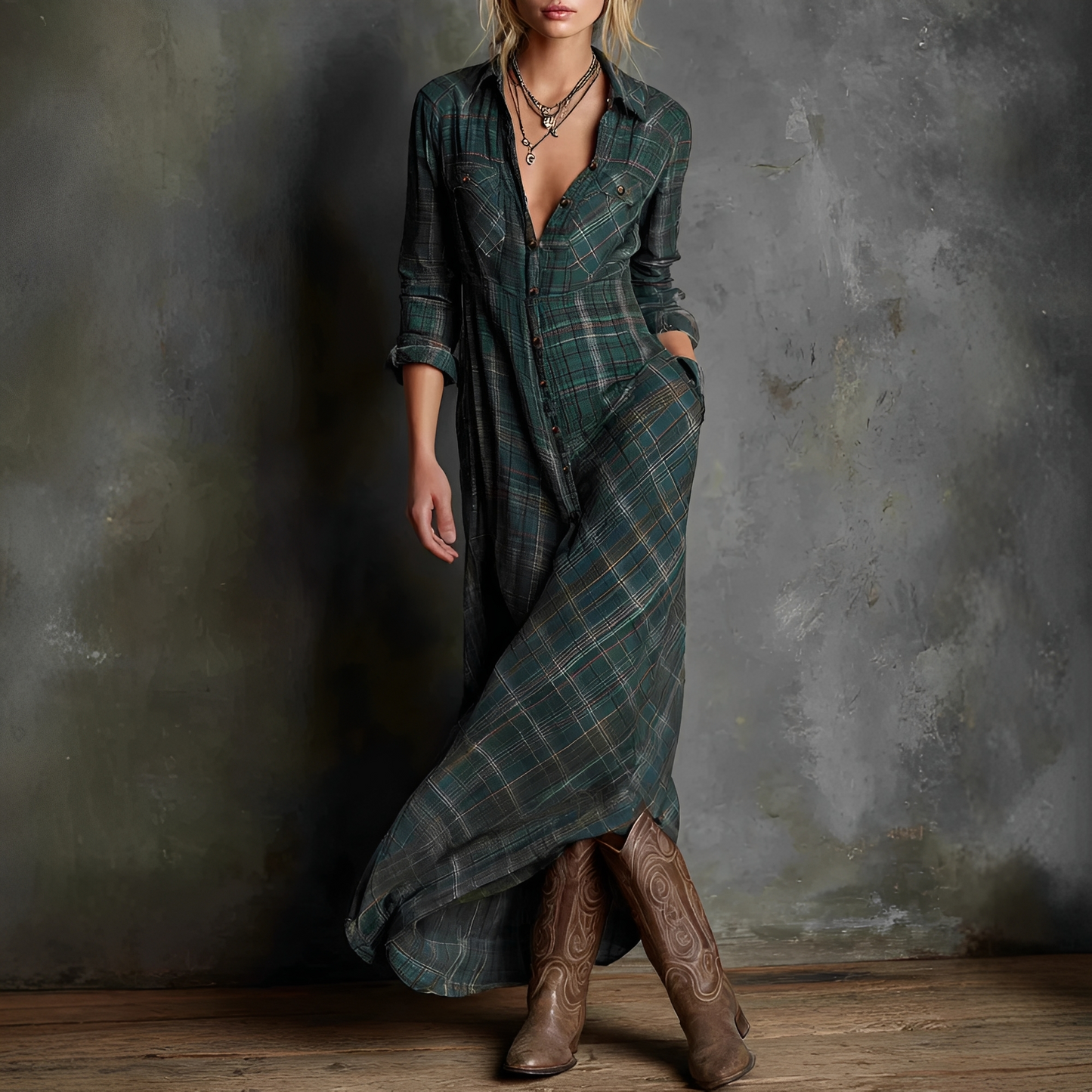 Damen Kleid Kariert Revers Lässig