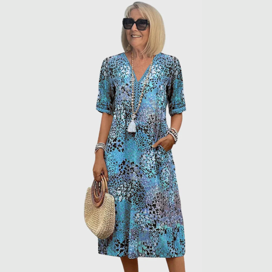 Damen V-Ausschnitt Midi Kleid Bedruckt