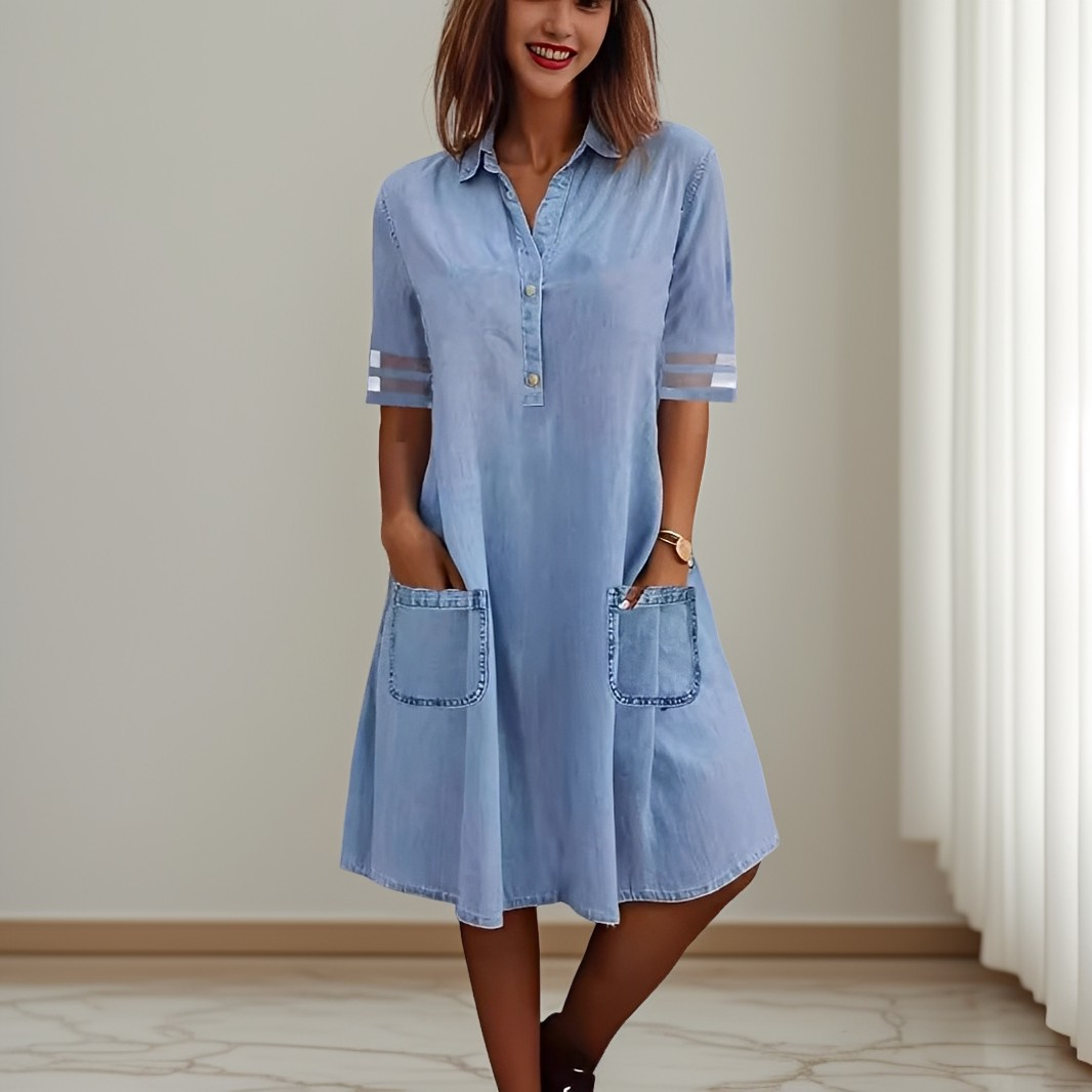 Damen Jeans Minikleid Mit Seitentaschen Blau - Norvielle