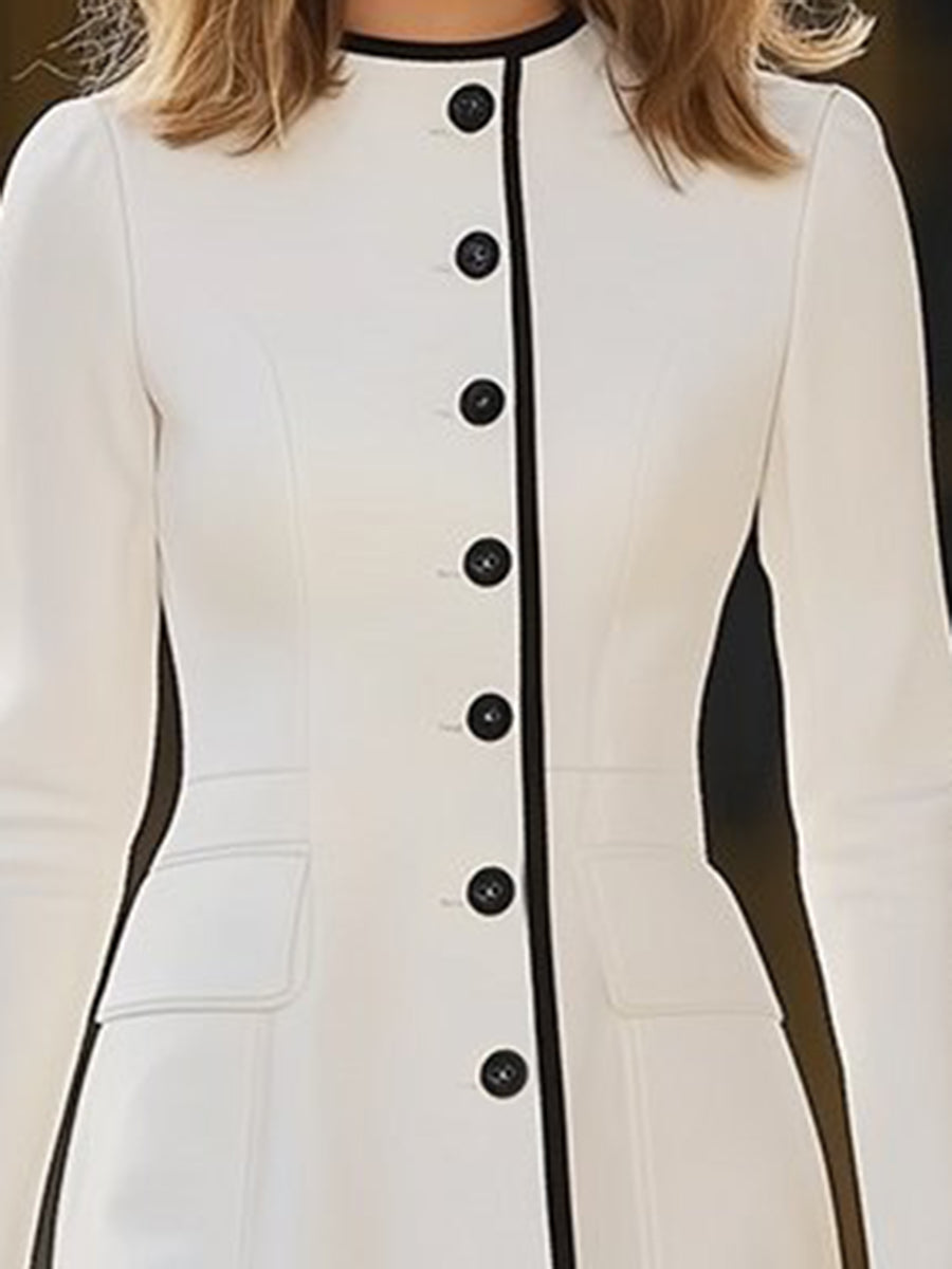 Damen Etuikleid Langarm mit Knöpfen Kontrastdetails Elegantes