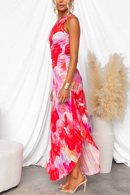 Damen Plisseekleid Ein-Schulter-Design Blumenmuster Elegantes Kleid