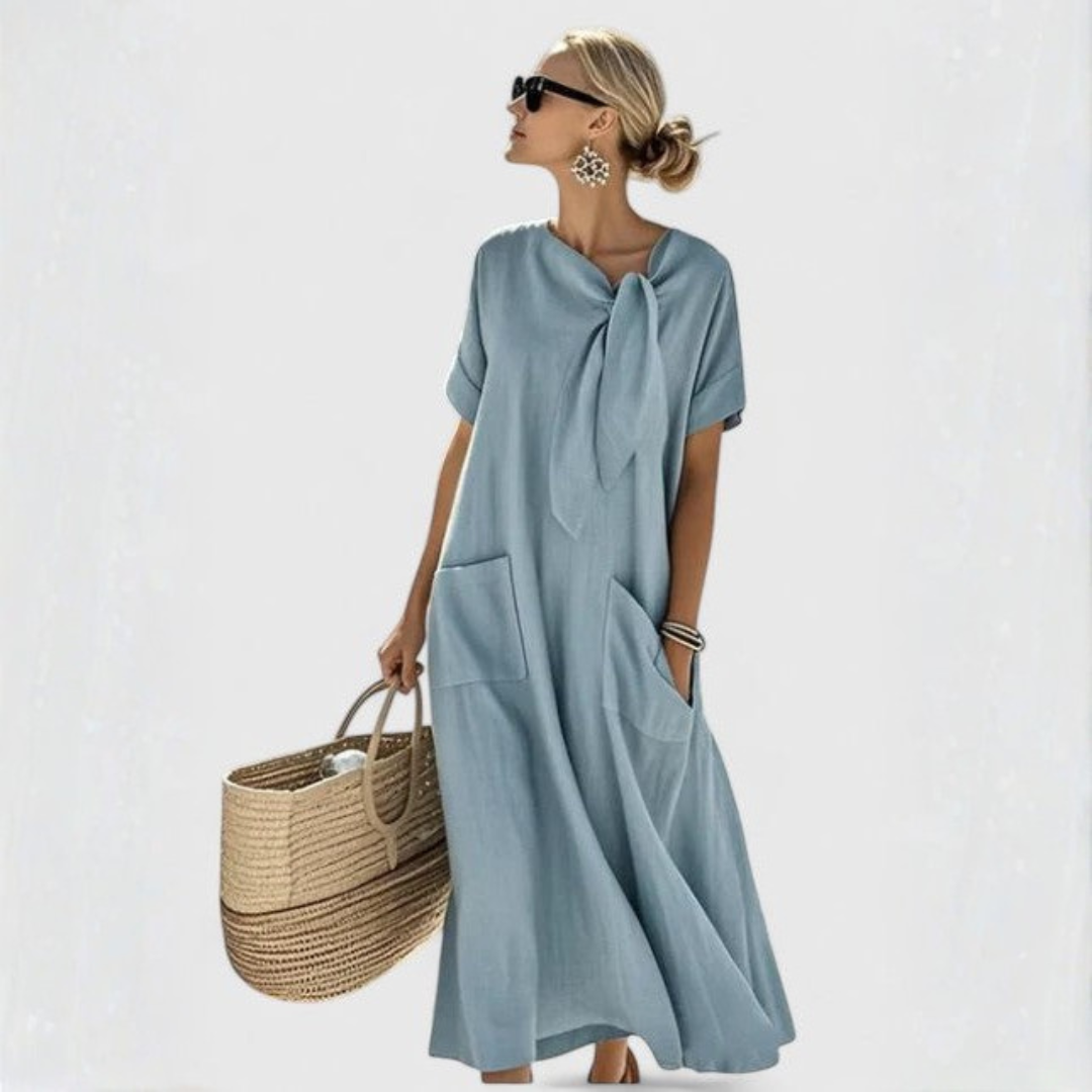 Damen Midi Kleid Mit Bindekragen Leicht Lockeres Design - Norvielle