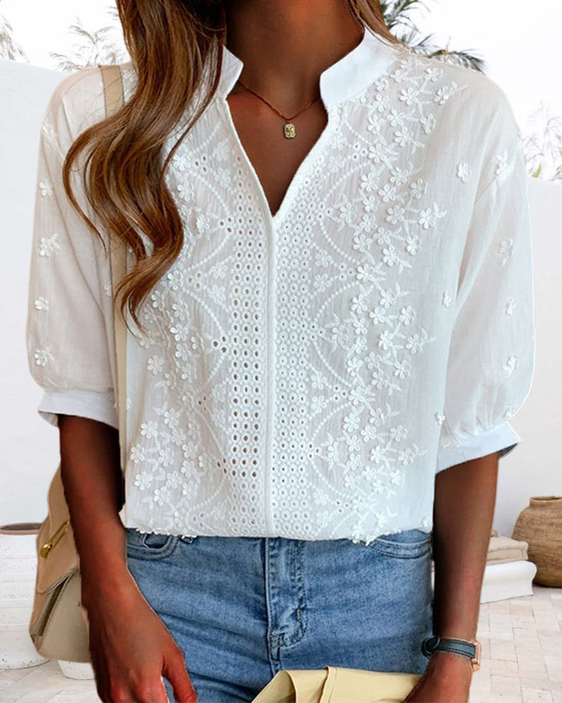 Norvielle Damen Bluse V-Ausschnitt Bestickt - Norvielle