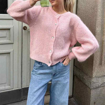 Damen Strickcardigan Weich Knöpfe Beige