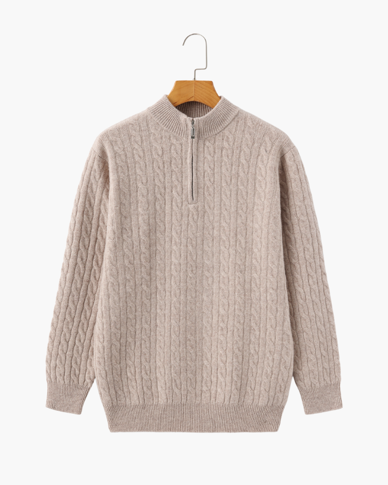 Herren Chasmere Pullover Kabelstrickmuster Halb Reißverschluss Beige