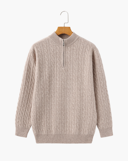 Herren Chasmere Pullover Kabelstrickmuster Halb Reißverschluss Beige