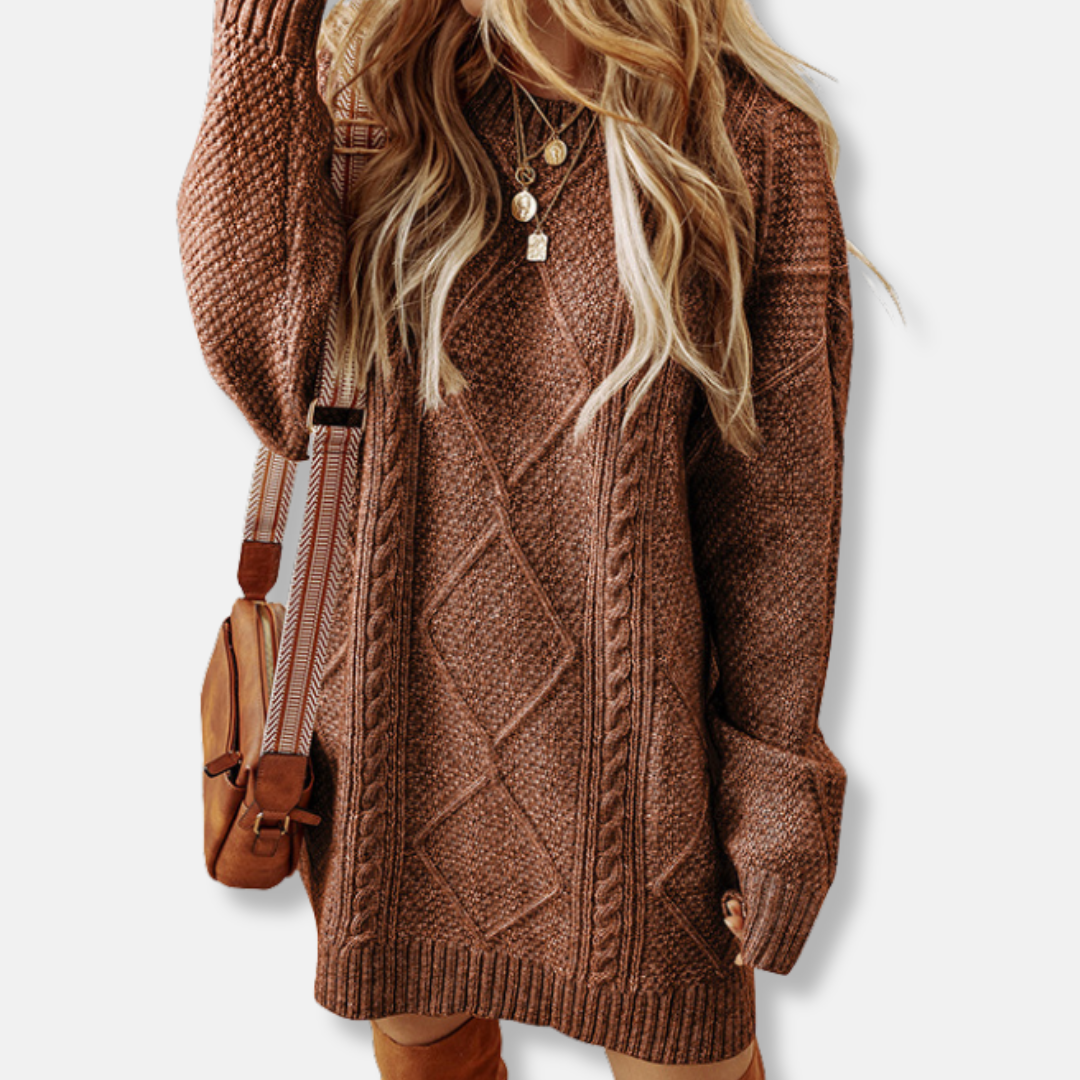 Damen Sweatshirt Kabelstrick Lockere Passform Knielang Langarm Grau