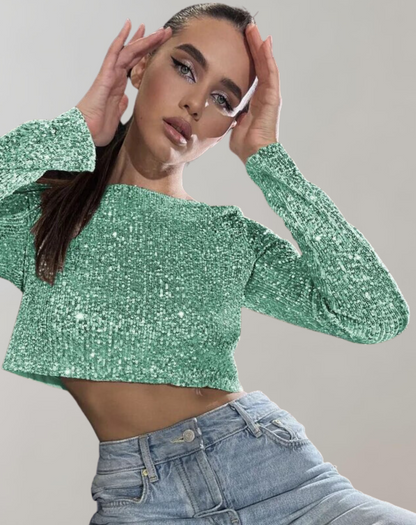 Damen Pailletten Crop Kurz Ärmel Glitzer