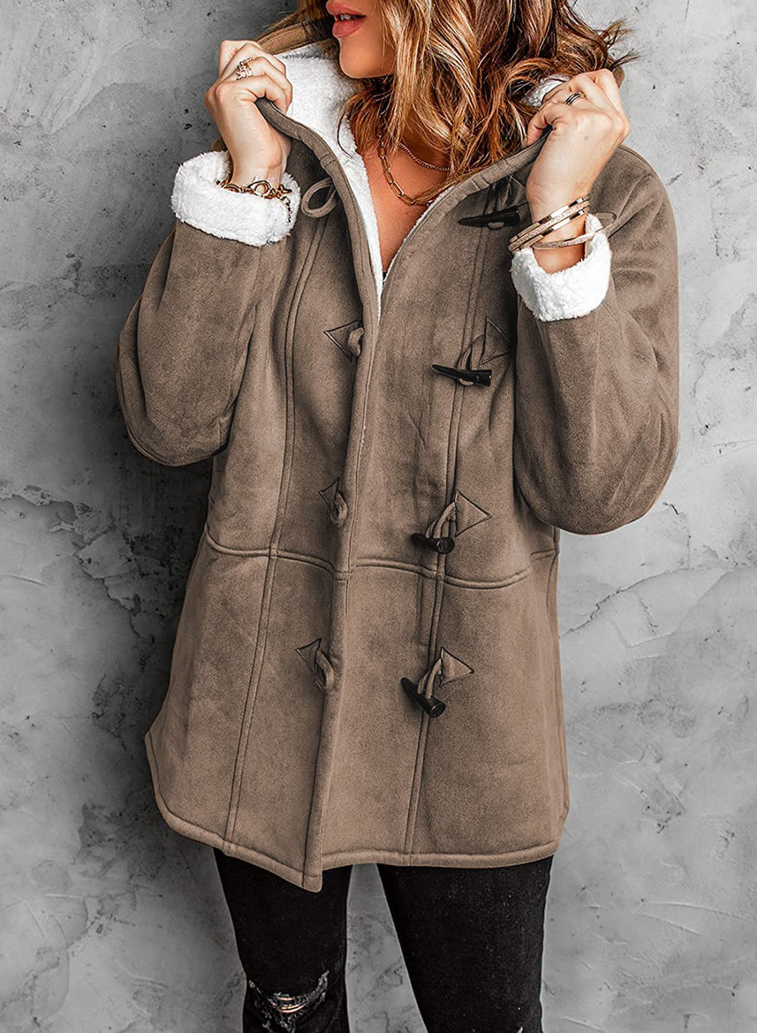 Régine Damen Wintermantel Duffle-Kapuze Warm Fleece Wildlederoptik