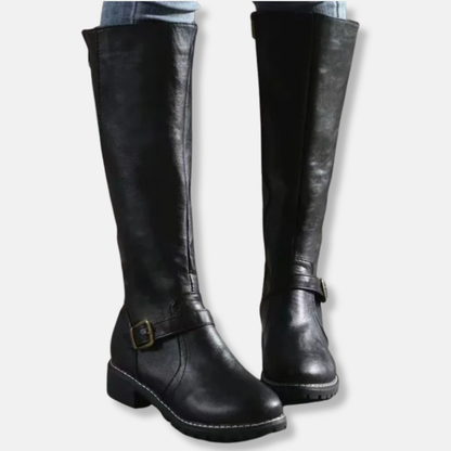 Damen Stiefel Kunstleder Kniefester Schaft Niedriger Blockabsatz