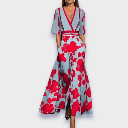 Damen Wickelmaxikleid Blumenmuster V-Ausschnitt
