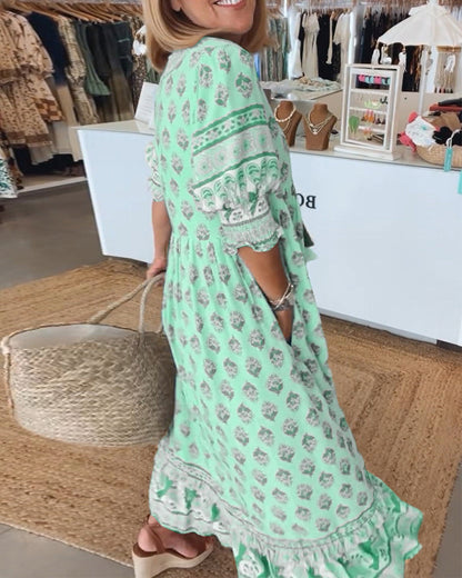 Damen Bedrucktes Sommerkleid V-Ausschnitt Halbärmel