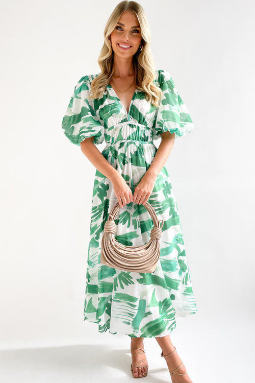 Norvielle Damen Maxi-Kleid Puffärmel Print
