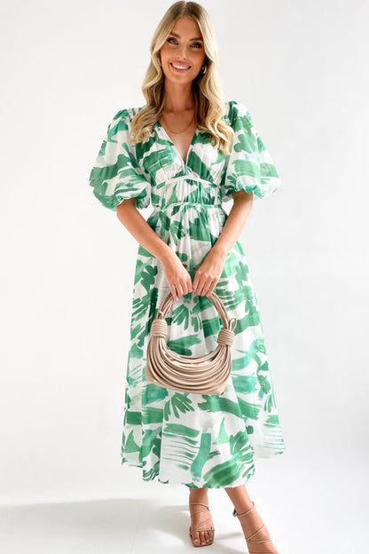 Norvielle Damen Maxi-Kleid Puffärmel Print