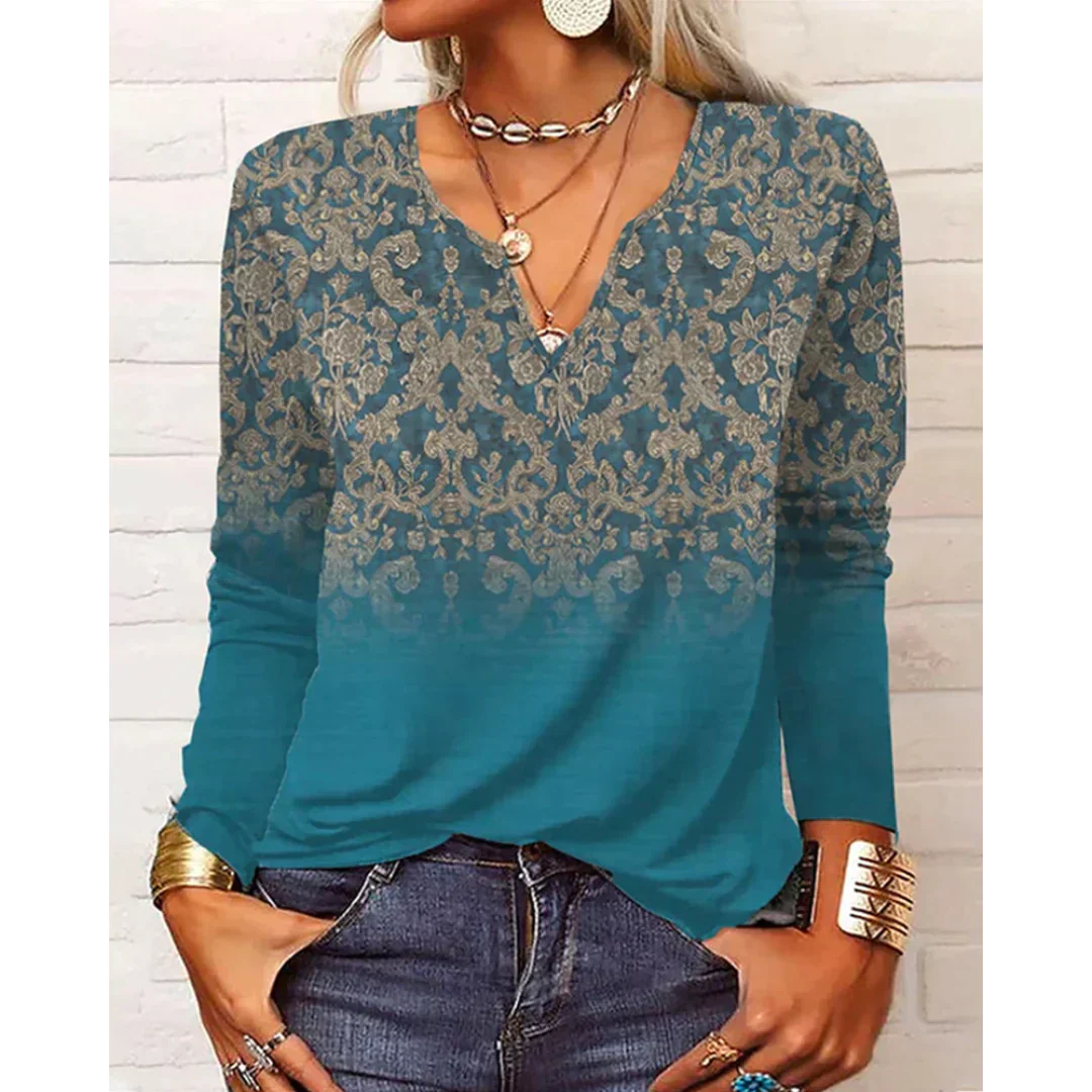 Damen Bluse Boho-Stil Langärmelig V-Ausschnitt Mehrfarbig
