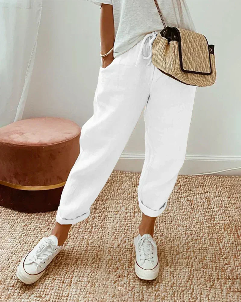 Damen Leinenhose Lässig Lockere Passform Beige mit Kordelzug