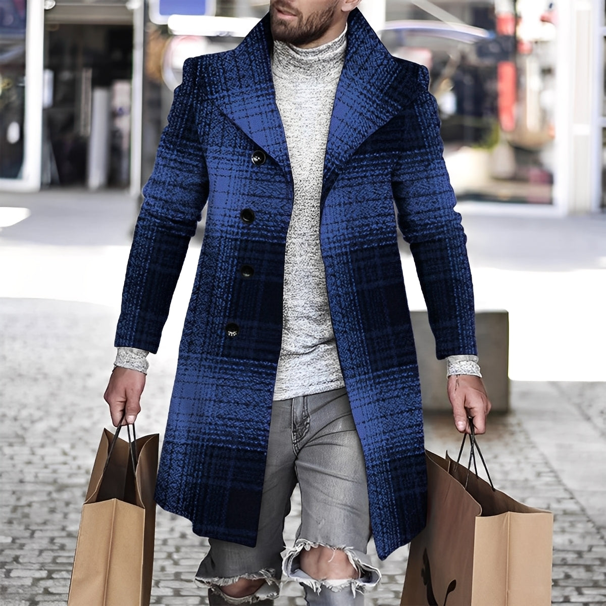 Herren Wollmantel Karomuster Terrystoff