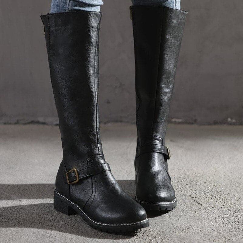Damen Stiefel Kniehoch Blockabsatz Rundzehen Leder
