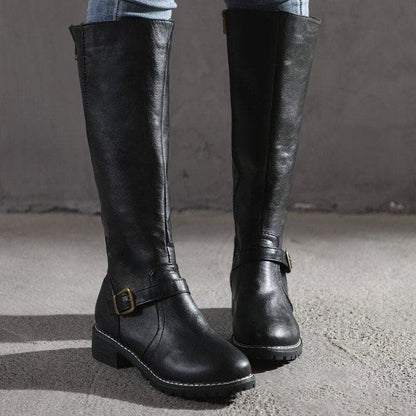 Damen Stiefel Kniehoch Blockabsatz Rundzehen Leder