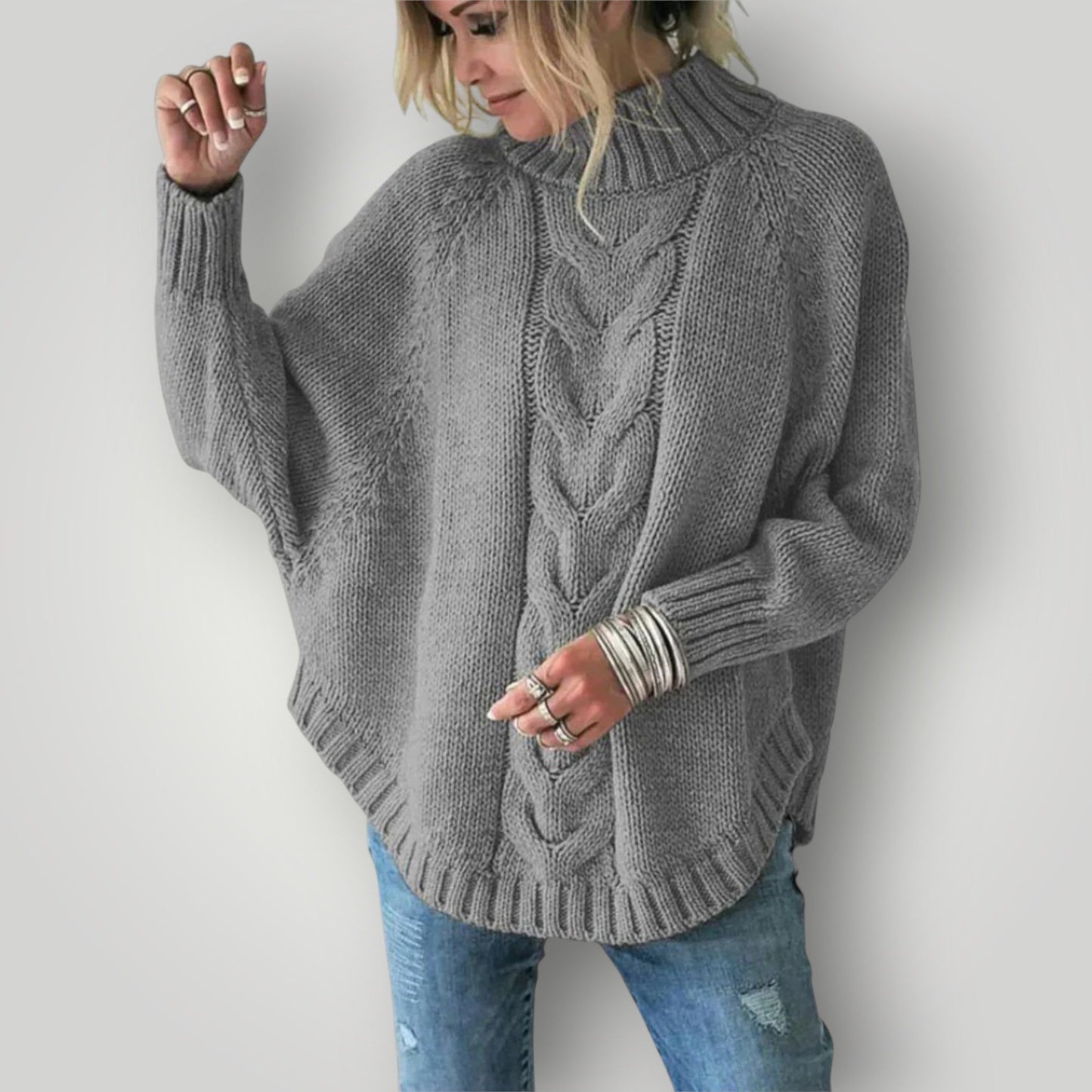 Damen Rollkragenpullover Strick Weich Grau