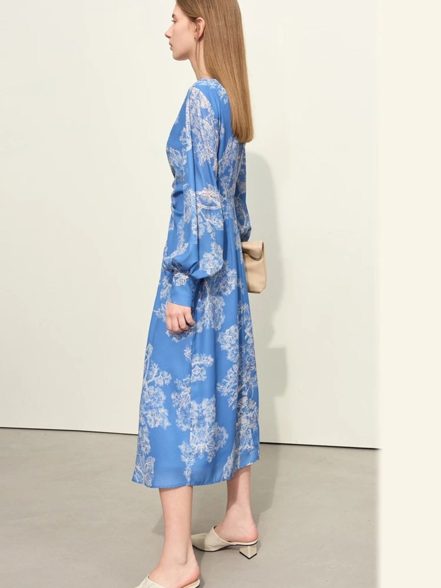 Damen Chiffonkleid V-Ausschnitt Kordelzug Laternenärmel - Norvielle