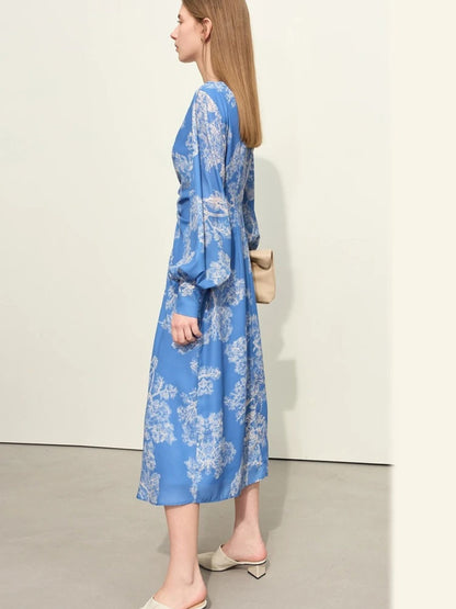 Damen Chiffonkleid V-Ausschnitt Kordelzug Laternenärmel - Norvielle
