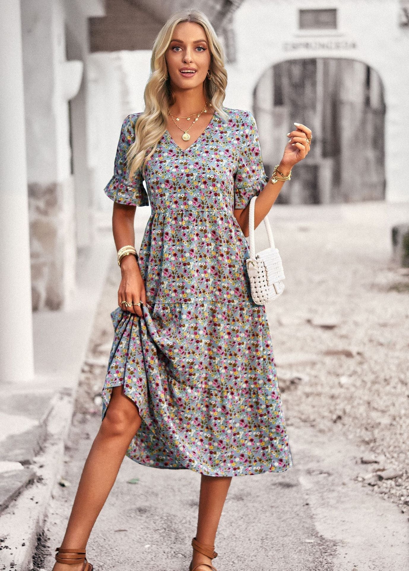 Damen Midikleid Florales Sommerkleid Bequem