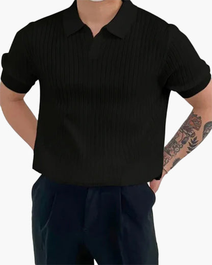 Herren Poloshirt V-Ausschnitt Ribstrick Weiß