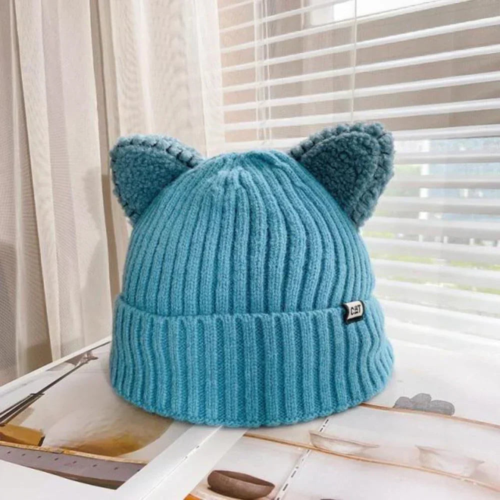 Damen Wintermütze Weich Strickmütze Katzenohr
