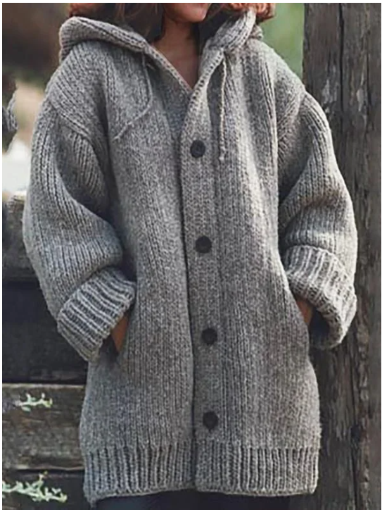 Norvielle Damen Strickjacke Kapuze Knöpfe