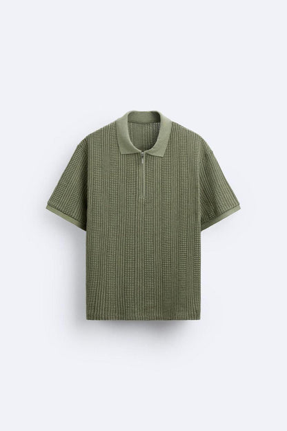 Herren Strickpoloshirt Reißverschluss V-Ausschnitt
